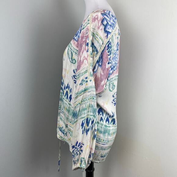 O'Neill Pastel Watercolor Floral Tie Front Boho Scoop Neck Peasant Blouse XL - Picture 6 of 8